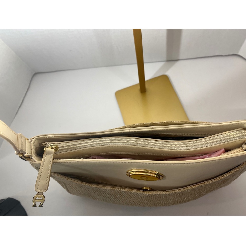 Etienne Aigner Shoulder Bag Women Medium Cream Straw Leather Logo Vintage Summer - Picture 12 of 16